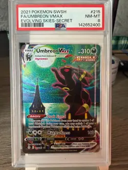2021 Pokemon SWSH Evolving Skies Secret #215 FA Umbreon VMAX PSA 8 NM-MT - Image 1
