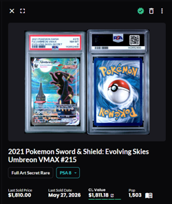 2021 Pokemon SWSH Evolving Skies Secret #215 FA Umbreon VMAX PSA 8 NM-MT - Image 2