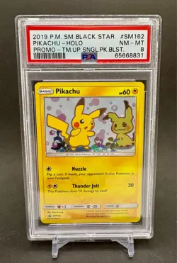 PSA 8 Pikachu #SM162 Holo 2019 Pokemon Sun Moon Black Star Promo Team Up BLST - Image 1