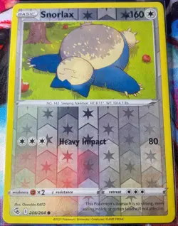 2021 Pokemon Sword & Shield Fusion Strike Snorlax #206/264 Reverse Holo - Image 1