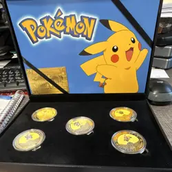 Pokemon Pikachu 24K Gold Plated Coin Set 5pcs 1.6in w/ COA Box 2019 - Image 1