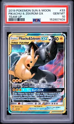 2019 POKEMON SUN & MOON TEAM UP #33 PIKACHU & ZEKROM GX PSA 10 - Image 1