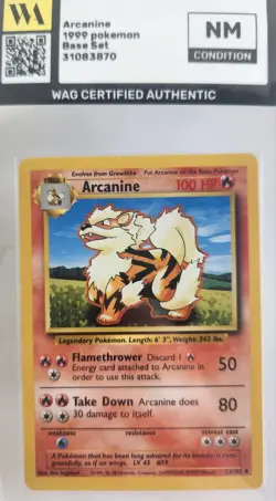 WAG Certified NM Pokemon Card Arcanine - 23/102 - Base Set - Unlimited - Vintage - Image 1