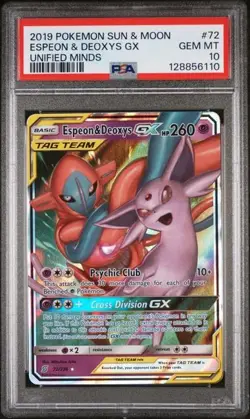 Espeon & Deoxys GX 72/236 SUN & MOON UNIFIED MINDS Tag Team PSA 10 Gem Mint - Image 1