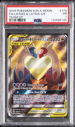 2019 POKEMON SUN & MOON TEAM UP #170 FULL ART/LATIAS & LATIOS GX PSA 1 - Image 1
