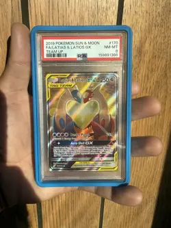 2019 POKEMON SUN & MOON TEAM UP #170 FULL ART/LATIAS & LATIOS GX PSA 8 - Image 1