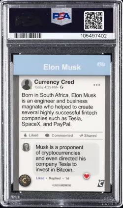 2022 CARDSMITHS CURRENCY SER 1 CRYSTAL SPARKLE #28A ELON MUSK PSA 10 - Image 2
