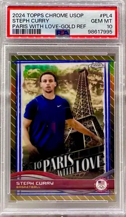 JERSEY # MATCH! 2024-25 Topps Chrome Stephen Curry USA Olympic 4/50! GOLD PSA 10 - Image 1