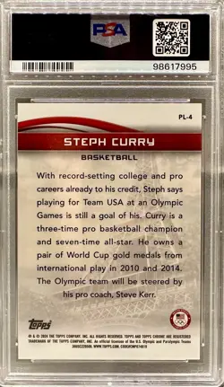 JERSEY # MATCH! 2024-25 Topps Chrome Stephen Curry USA Olympic 4/50! GOLD PSA 10 - Image 2