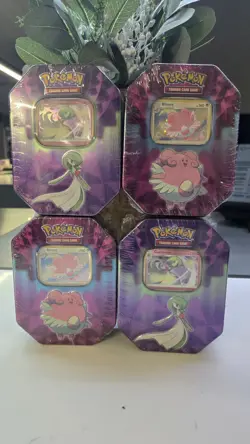 Pokemon 2019 Strong Bonds Blissey/Gardevoir Tins x2Pairs (12 packs & 4 promos) - Image 1