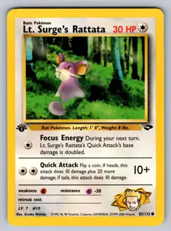 Lt. Surge's Rattata 85/132 Common Gym Challenge Pokemon 1st Edition Near Mint - Image 1