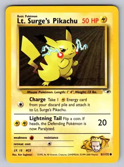 Lt. Surge's Pikachu 81/132 Common Gym Heroes Pokemon Unlimited Near Mint - Image 1