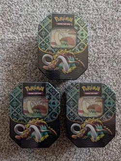 Pokemon TCG Scarlet & Violet Paldean Fates Great Tusk Tins. Lot Of 3. - Image 1