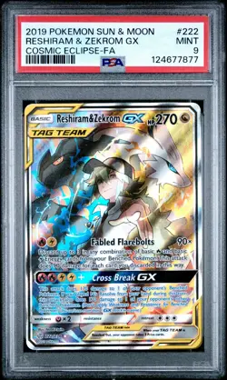 2019 Pokemon Sun & Moon Reshiram & Zekrom GX Cosmic Eclipse-Fa PSA 9 #222 - Image 1