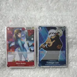 One Piece CCG Bandai OP05-010 Nico Robin, ST03-008 Trafalgar Law JR Foil - Image 1
