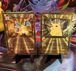 Pokemon TCG Base Set Holo 2-Card Lot - Charizard 4/102, Pikachu metal cards - Image 1