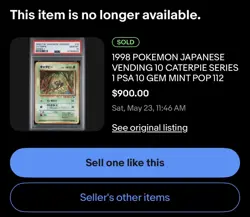 CGC 10 GEM MINT Caterpie 1998 Vending Series 1 Japanese 10 Pokemon Card - Image 2