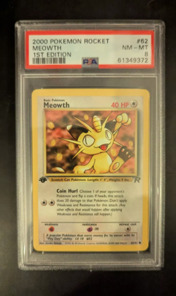 PSA 8 NM-MT 2000 1ST EDITION ROCKET POKEMON MEOWTH 62/82 #82 WOTC THICK STAMP !! - Image 1