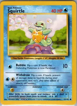 Squirtle 63/102 - Non Holo - Base Set - Pokemon Card - NM - Image 1