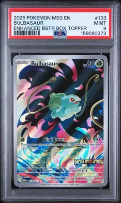 2025 PSA 9 Pokemon Mega Evolution Bulbasaur Box Topper Stamp 133/132 Card - Image 1