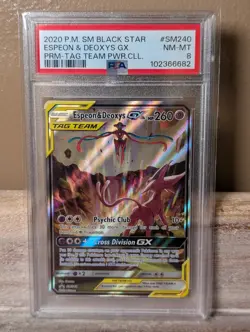 Pokemon Espeon & Deoxys GX SM240 PSA 8 Sun & Moon Tag Team Promo Full Art Holo - Image 1