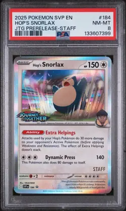 2025 POKEMON SVP JOURNEY TOGETHER PRERELEASE-STAFF #184 HOP'S SNORLAX PSA 8 - Image 1