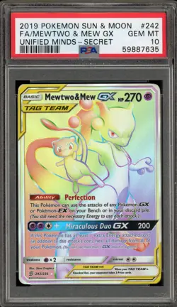 Pokemon Mewtwo & Mew GX Unified Minds Secret Rare #242 PSA 10 Gem Mint - Image 1
