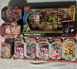 Pokemon TCG Sealed Lot Mega Zygarde ex Box Gengar & Clefable Tins + 11 Boosters - Image 1