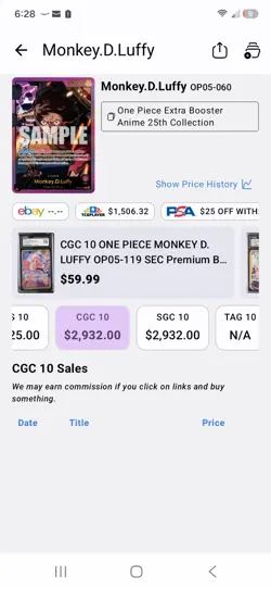 One Piece Monkey D. Luffy (SP) OP05-060 Anime 25th Foil CGC 10 Japanese - Image 5