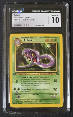 Pokemon 1999 Arbok 31/62 Fossil 1st Edition CGC 10 Gem Mint! - Image 1