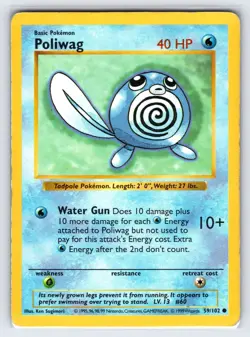 Poliwag 59/102 1999 Base Set Shadowless Pokemon Card WOTC Vintage Common - Mp - Image 1