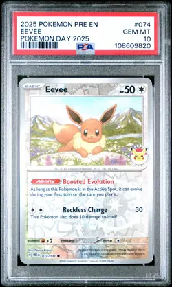 2025 POKEMON PRE EN-PRISMATIC EVOLUTIONS POKEMON DAY 2025 #074 EEVEE PSA 10 - Image 1
