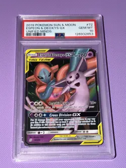 Pokemon Unified Minds Espeon & Deoxys GX TAG TEAM Holo 72/236 PSA 10 - Image 1