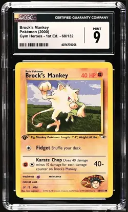 Brock's Mankey 68/132 1st Edition Pokemon Gym Heroes CGC 9 Mint - Image 1