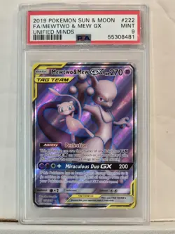 2019 Pokemon Sun Moon Unified Minds Full Art MEWTWO & MEW gx English PSA 9 MINT - Image 1
