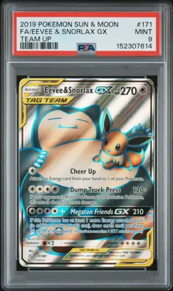 2019 POKEMON SUN & MOON TEAM UP #171 FULL ART/EEVEE & SNORLAX GX PSA 9 - Image 1