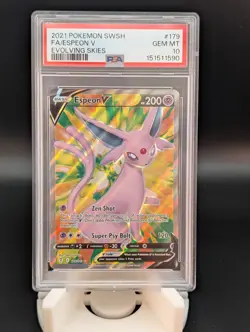 POKEMON 2021 SWSH Evolving Skies Full Art ESPEON V #179 PSA 10 Gem Mint - Image 1