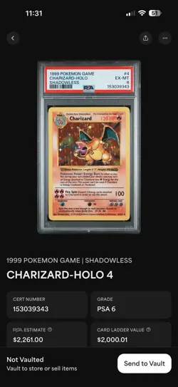 1999 Charizard 4/102 Base Set (Shadowless) Holo PSA 6 English - Image 1