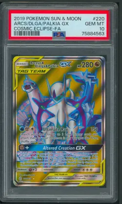 Pokemon S&M Cosmic Eclipse Arceus & Dialga & Palkia GX Full Art 220/236 PSA 10 - Image 1