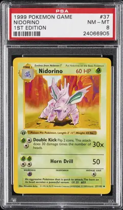 1999 POKEMON BASE SET 1ST EDITION #37 NIDORINO PSA 8 - Image 1
