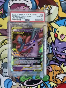 2019 POKEMON SUN & MOON UNIFIED MINDS #72 ESPEON & DEOXYS GX PSA 10 - Image 1