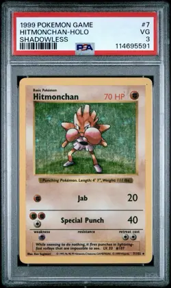 1999 POKEMON BASE SET SHADOWLESS #7/102 HITMONCHAN HOLO RARE PSA 3 - Image 1
