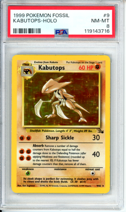 1999 Pokemon Fossil Kabutops Holo #9 Unlimited PSA 8 WOTC Vintage - Image 1