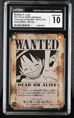 CGC 10 Luffy OP13-118 SEC Wanted SP Alt Art Carrying on His One Piece - Image 1