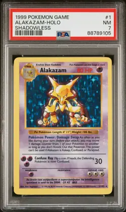 1999 POKEMON GAME BASE SET ALAKAZAM-HOLO SHADOWLESS #1 PSA 7 - Image 1