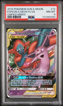 2019 POKEMON SUN & MOON UNIFIED MINDS #72 ESPEON & DEOXYS GX PSA 8 - Image 1