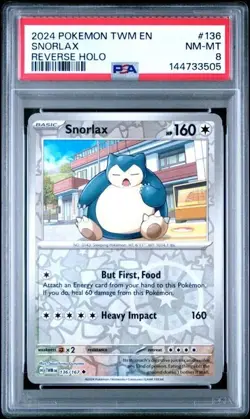 2024 POKEMON TWM EN-TWILIGHT MASQUERADE REVERSE HOLO #136 SNORLAX PSA 8 - Image 1