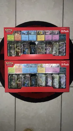 Pokemon Prismatic Evolutions Costco 8 Mini-Tin Bundle w Promos In Hand - Image 1