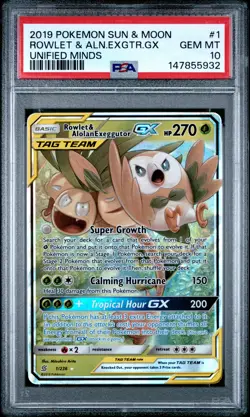2019 POKEMON SUN & MOON UNIFIED MINDS #1 ROWLET & ALOLAN EXEGGUTOR GX PSA 10 - Image 1