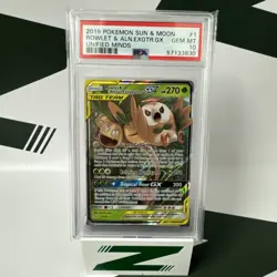 PSA 10 Rowlet & Alolan Exeggutor GX 1/236 Tag Team Unified Minds Pokemon TCG - Image 1